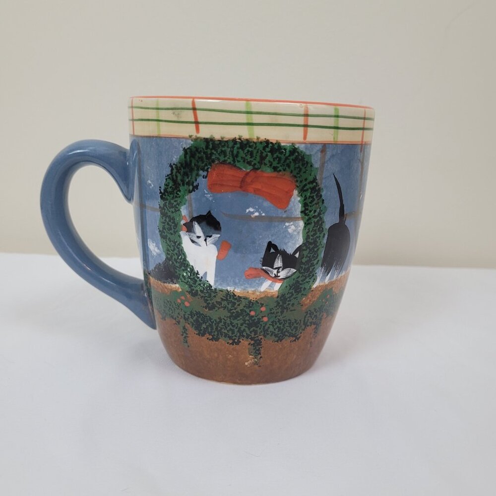 Oneida Cat Friends Mug 20oz Earthenware coffee cup Cats Christmas Hand Painted L